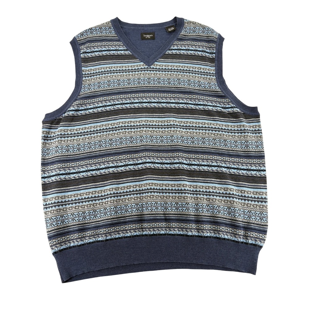 Haggar Sweater Vest XXL Blue Grey Fair Isle V-Neck Cotton Blend Sleeveless